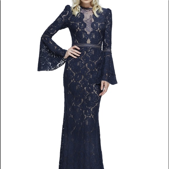 tadashi shoji navy blue lace gown